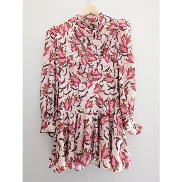 Acler Coleman Mini Dress Pink Wandering Floral Sz 6 Cowl Neck Long Sleeve Flared - Picture 4 of 11